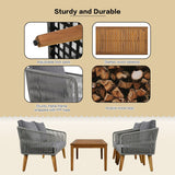 4-Piece Patio Conversation Set, Solid Wood Loveseat, 2 Chairs and Table, Outdoor Conversation Group with Cushions for Backyard
