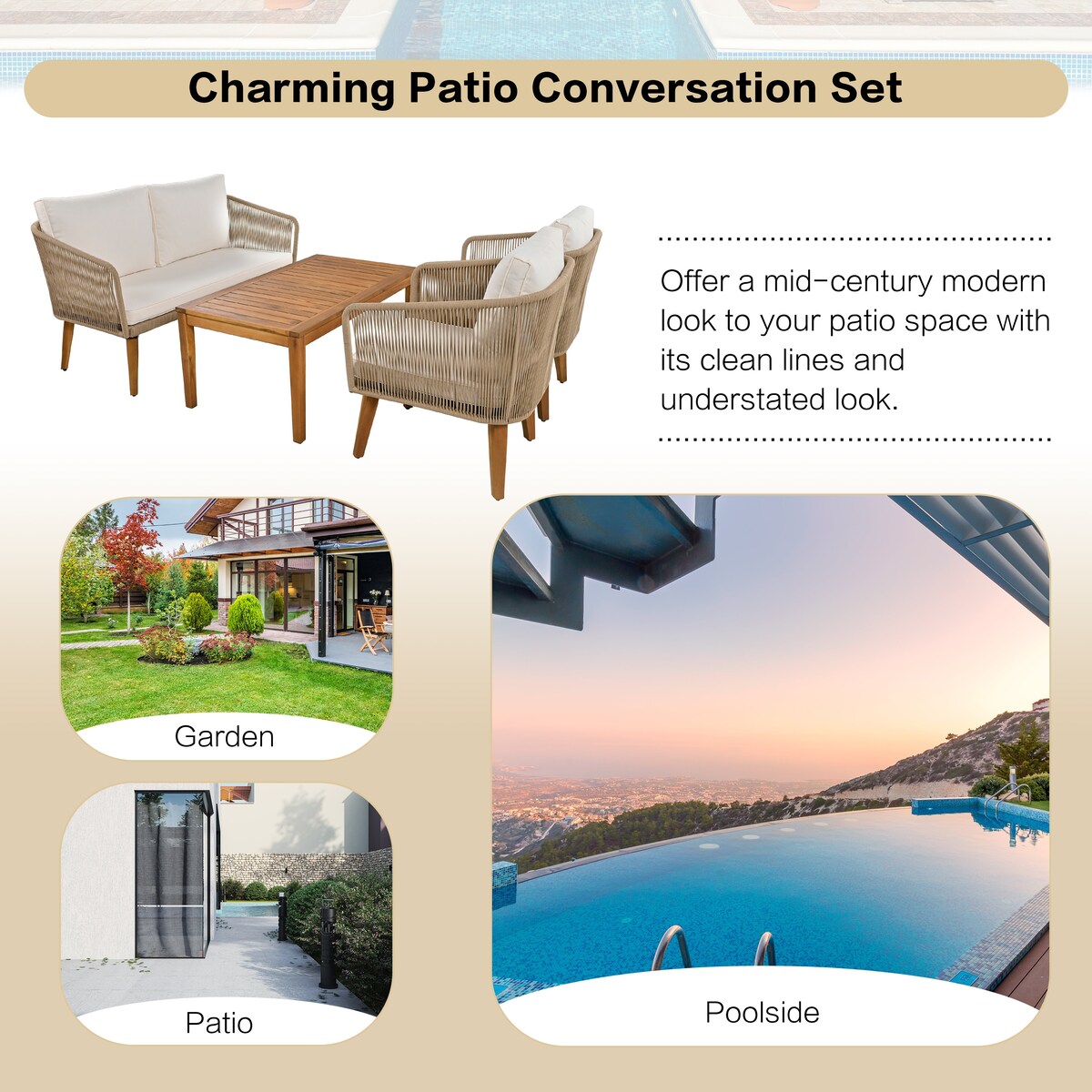 4-Piece Patio Conversation Set, Solid Wood Loveseat, 2 Chairs and Table, Outdoor Conversation Group with Cushions for Backyard