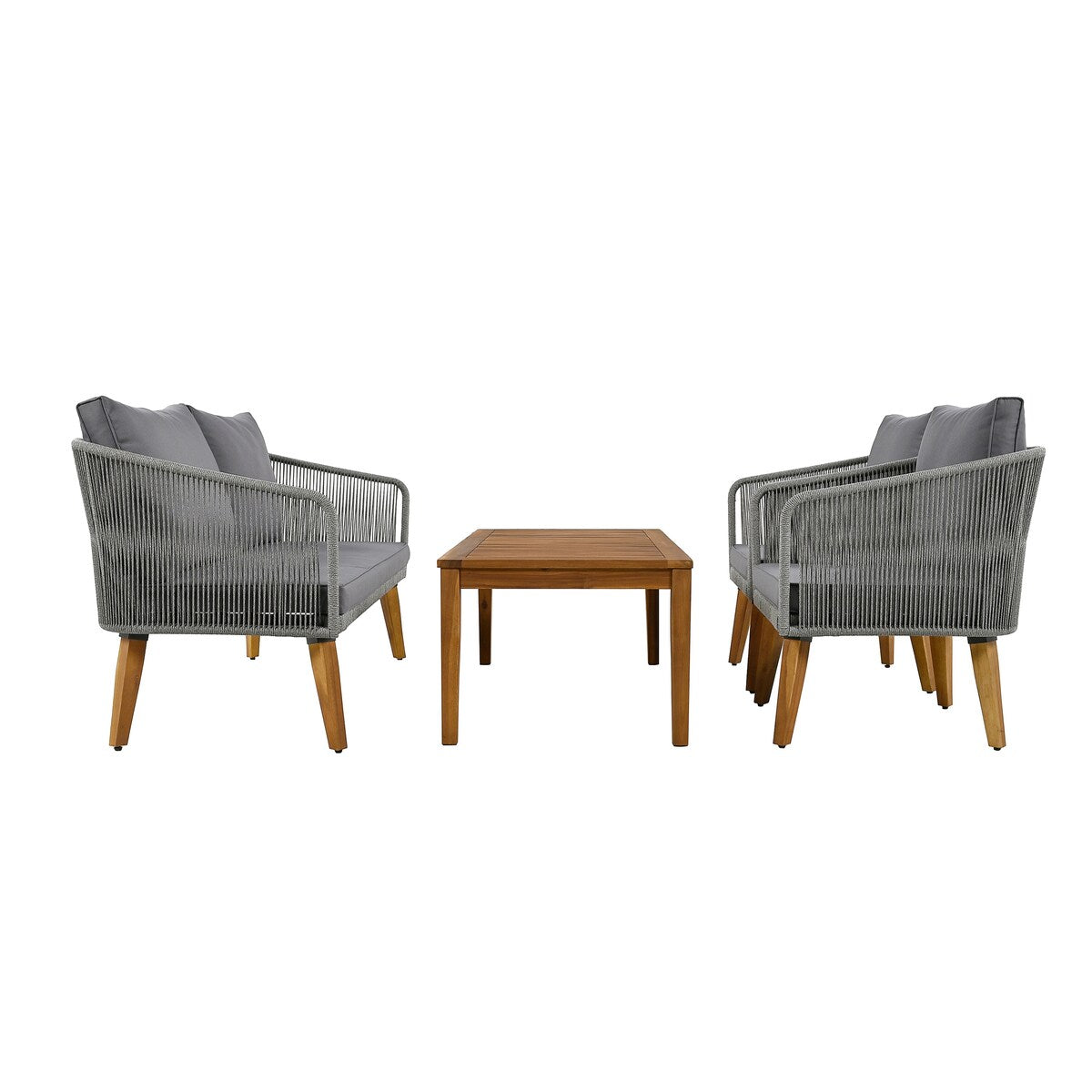4-Piece Patio Conversation Set, Solid Wood Loveseat, 2 Chairs and Table, Outdoor Conversation Group with Cushions for Backyard