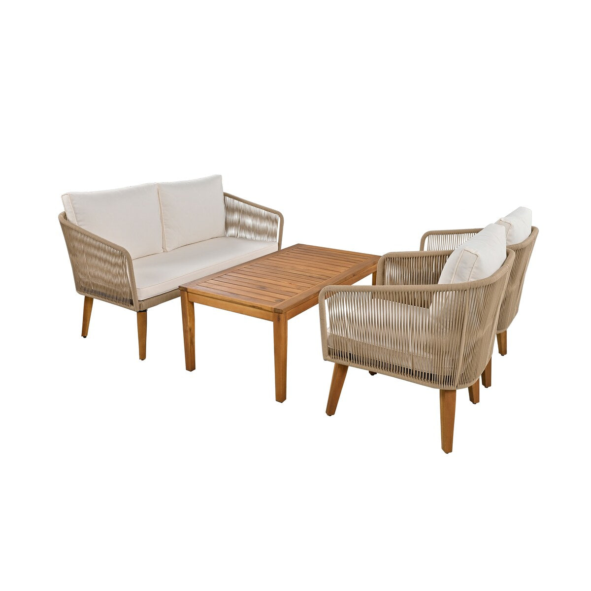 4-Piece Patio Conversation Set, Solid Wood Loveseat, 2 Chairs and Table, Outdoor Conversation Group with Cushions for Backyard