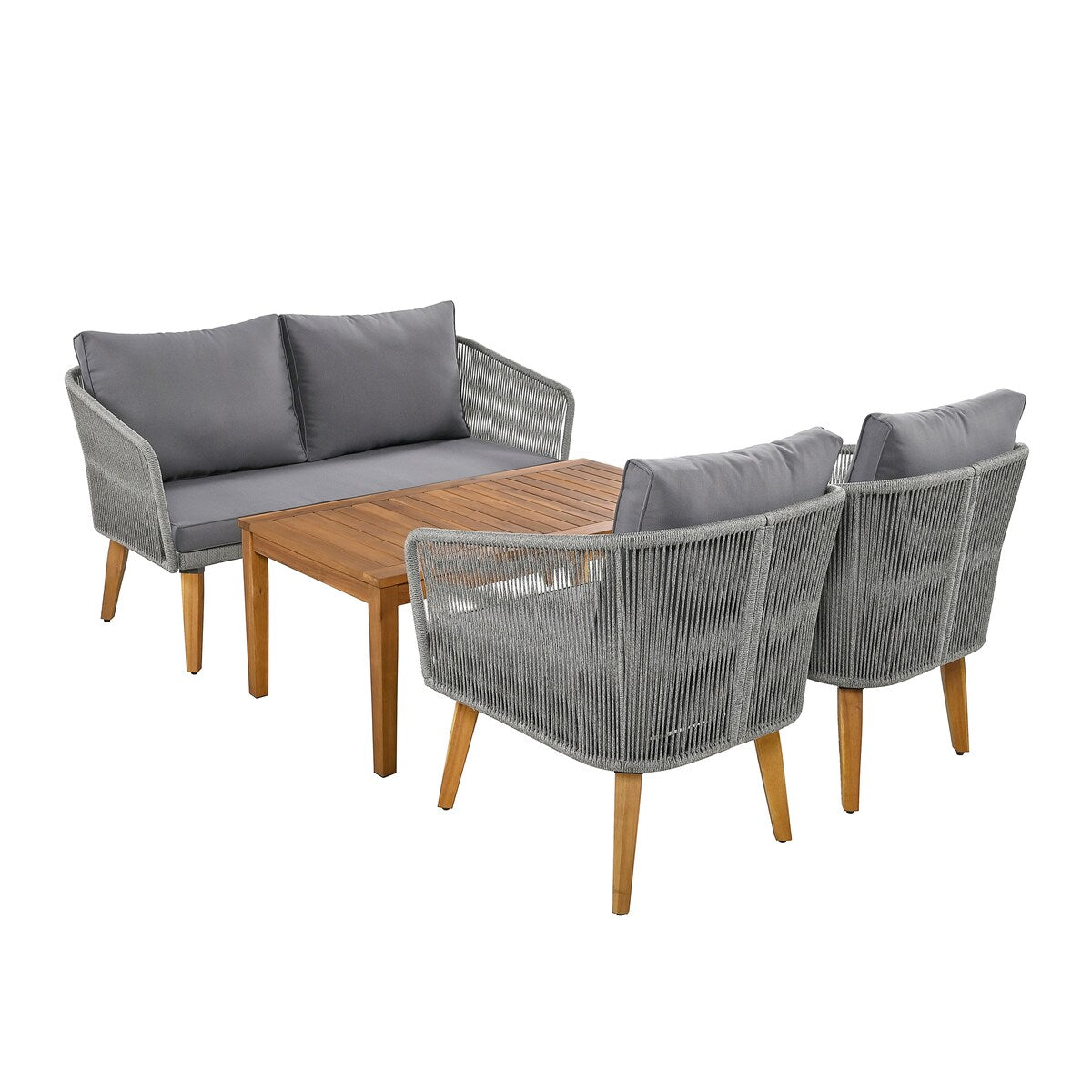 4-Piece Patio Conversation Set, Solid Wood Loveseat, 2 Chairs and Table, Outdoor Conversation Group with Cushions for Backyard