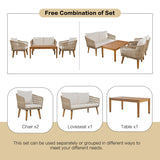 4-Piece Patio Conversation Set, Solid Wood Loveseat, 2 Chairs and Table, Outdoor Conversation Group with Cushions for Backyard