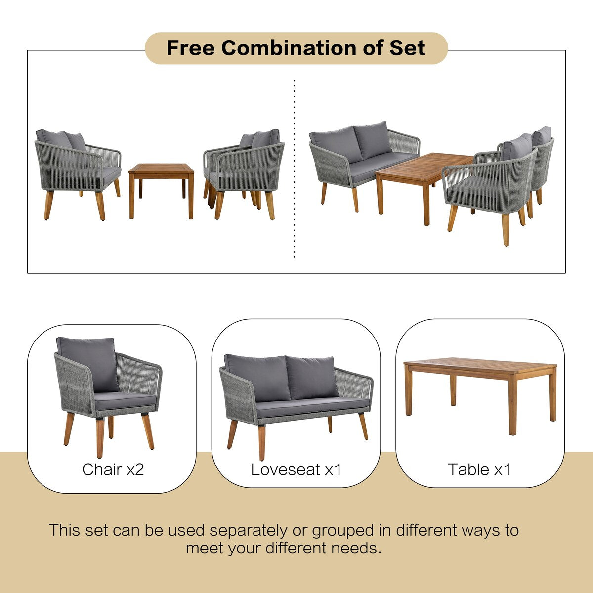 4-Piece Patio Conversation Set, Solid Wood Loveseat, 2 Chairs and Table, Outdoor Conversation Group with Cushions for Backyard