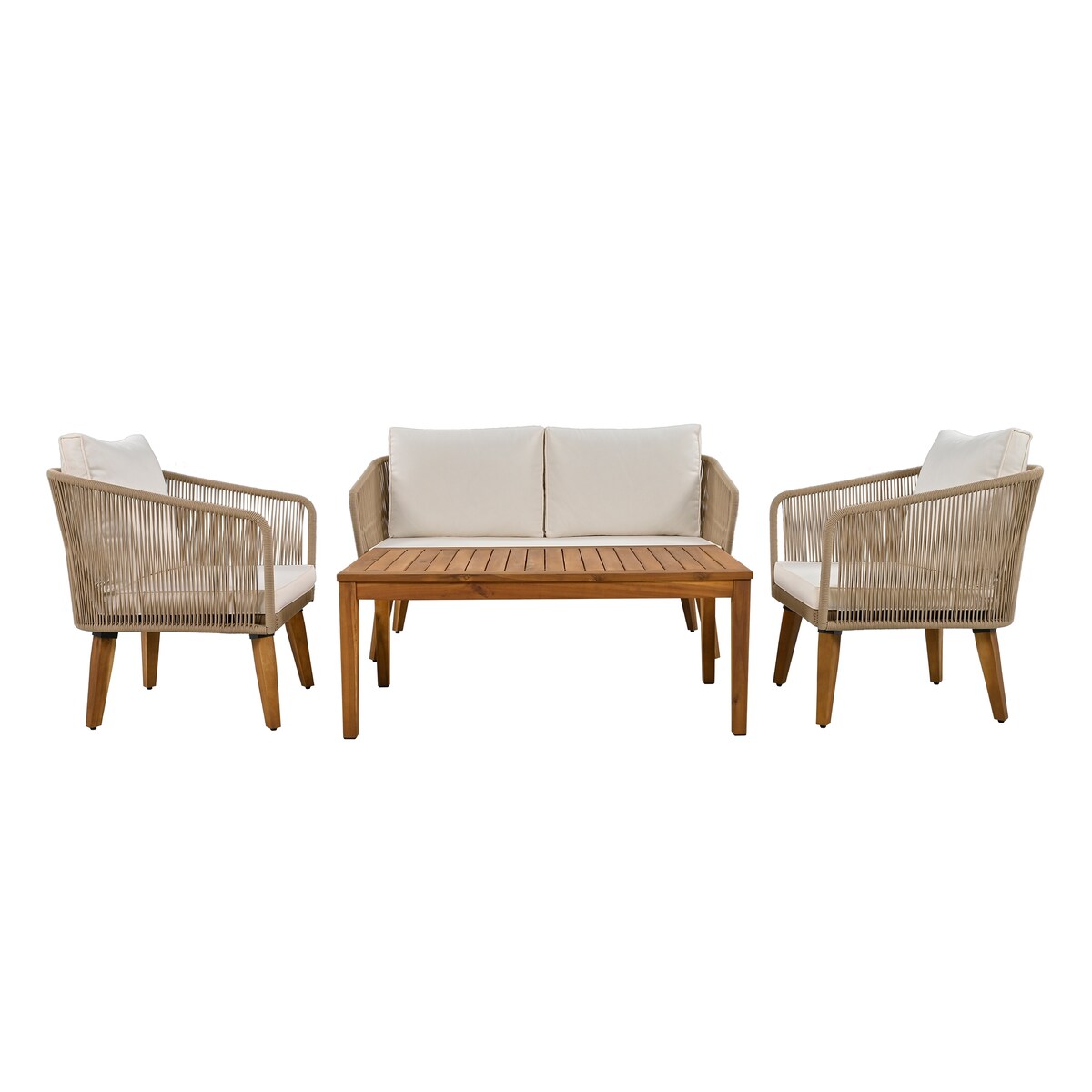4-Piece Patio Conversation Set, Solid Wood Loveseat, 2 Chairs and Table, Outdoor Conversation Group with Cushions for Backyard