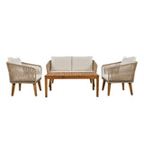4-Piece Patio Conversation Set, Solid Wood Loveseat, 2 Chairs and Table, Outdoor Conversation Group with Cushions for Backyard