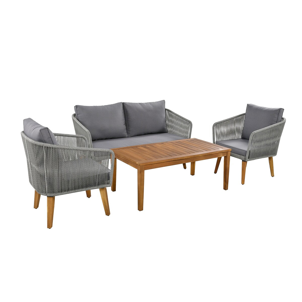 4-Piece Patio Conversation Set, Solid Wood Loveseat, 2 Chairs and Table, Outdoor Conversation Group with Cushions for Backyard
