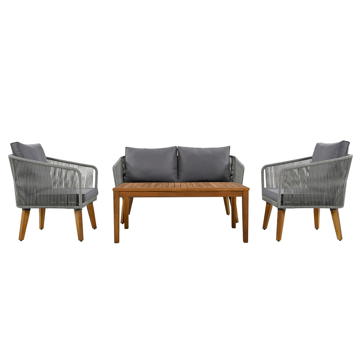 4-Piece Patio Conversation Set, Solid Wood Loveseat, 2 Chairs and Table, Outdoor Conversation Group with Cushions for Backyard