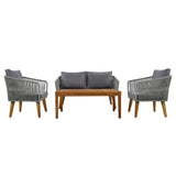 4-Piece Patio Conversation Set, Solid Wood Loveseat, 2 Chairs and Table, Outdoor Conversation Group with Cushions for Backyard
