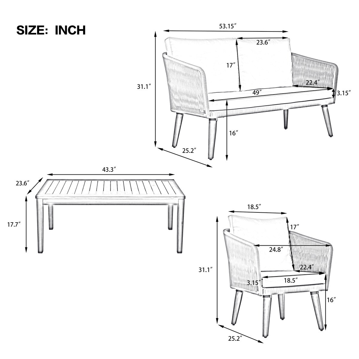 4-Piece Patio Conversation Set, Solid Wood Loveseat, 2 Chairs and Table, Outdoor Conversation Group with Cushions for Backyard