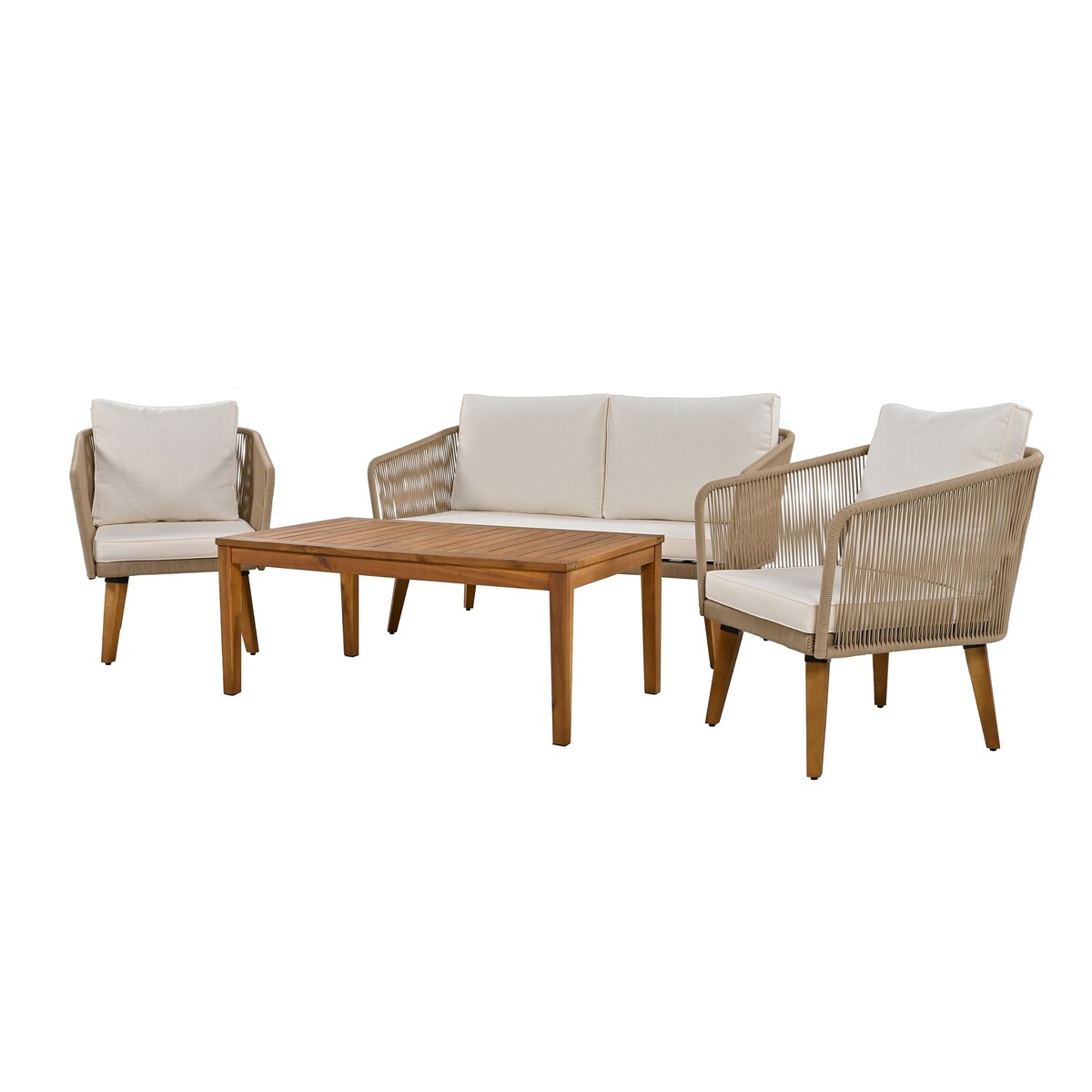 4-Piece Patio Conversation Set, Solid Wood Loveseat, 2 Chairs and Table, Outdoor Conversation Group with Cushions for Backyard