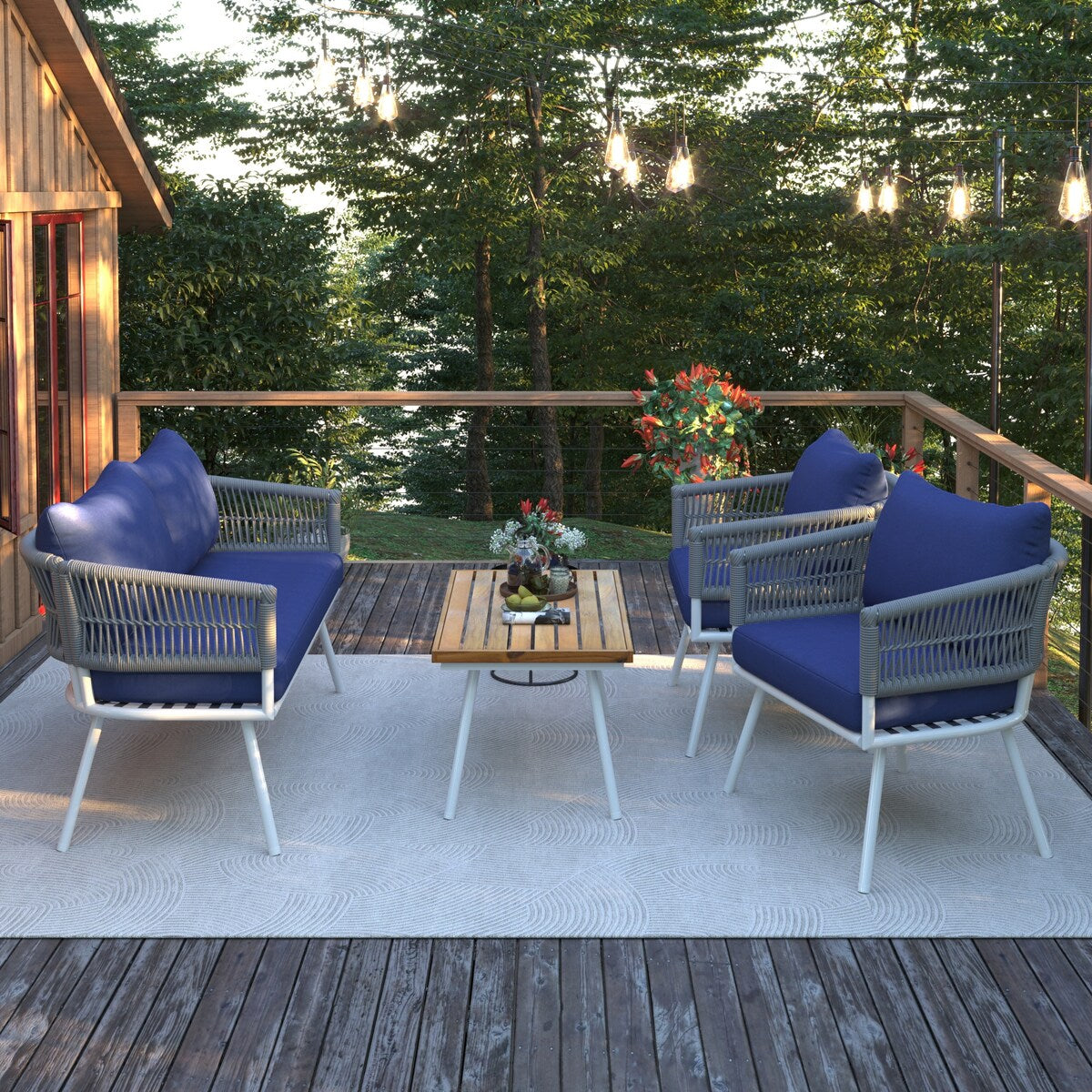 4-Piece Patio Furniture Set, Outdoor Furniture with Acacia Wood Table, Patio Conversation Set with Cushion