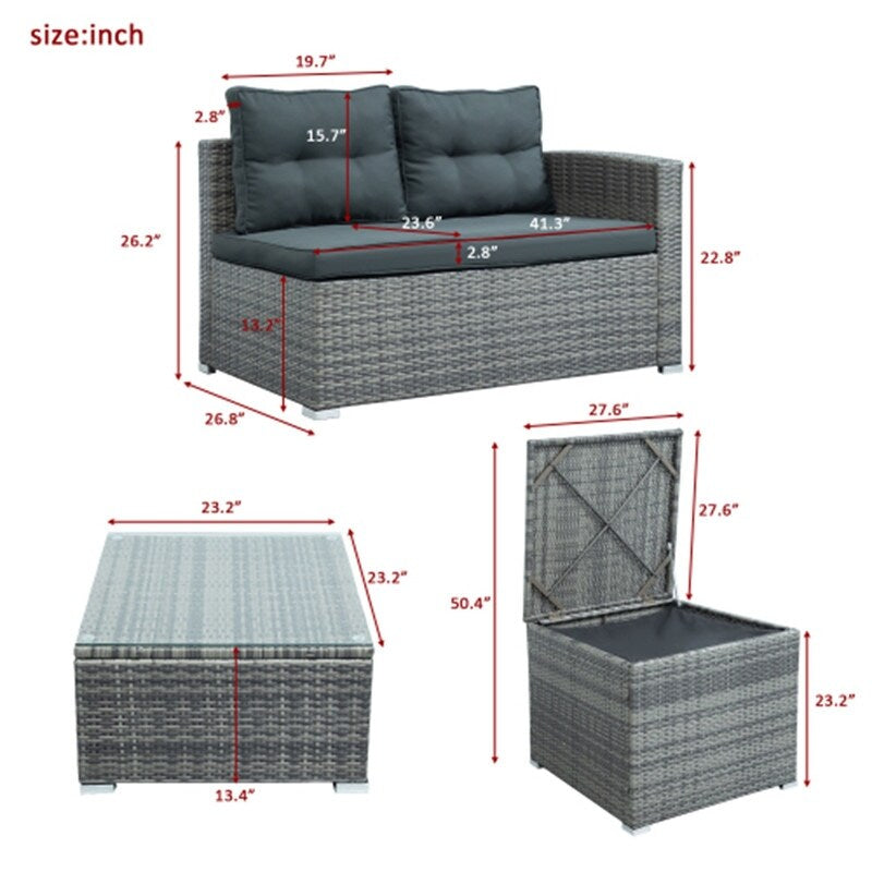 4-Piece Patio Furniture Wicker Rattan Sofa Set With Storage Box,Grey