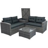 4-Piece Patio Furniture Wicker Rattan Sofa Set With Storage Box,Grey