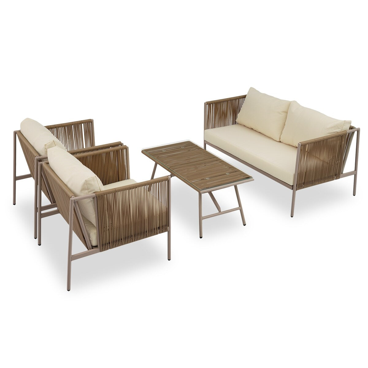 4-Piece Rope Sofa Set with Thick Cushions and Toughened Glass Table, All-Weather Patio Furniture Set with Loveseat, Beige