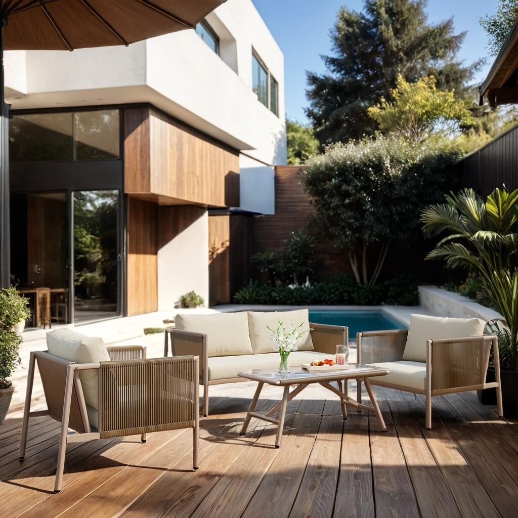 4-Piece Rope Sofa Set with Thick Cushions and Toughened Glass Table, All-Weather Patio Furniture Set with Loveseat, Beige