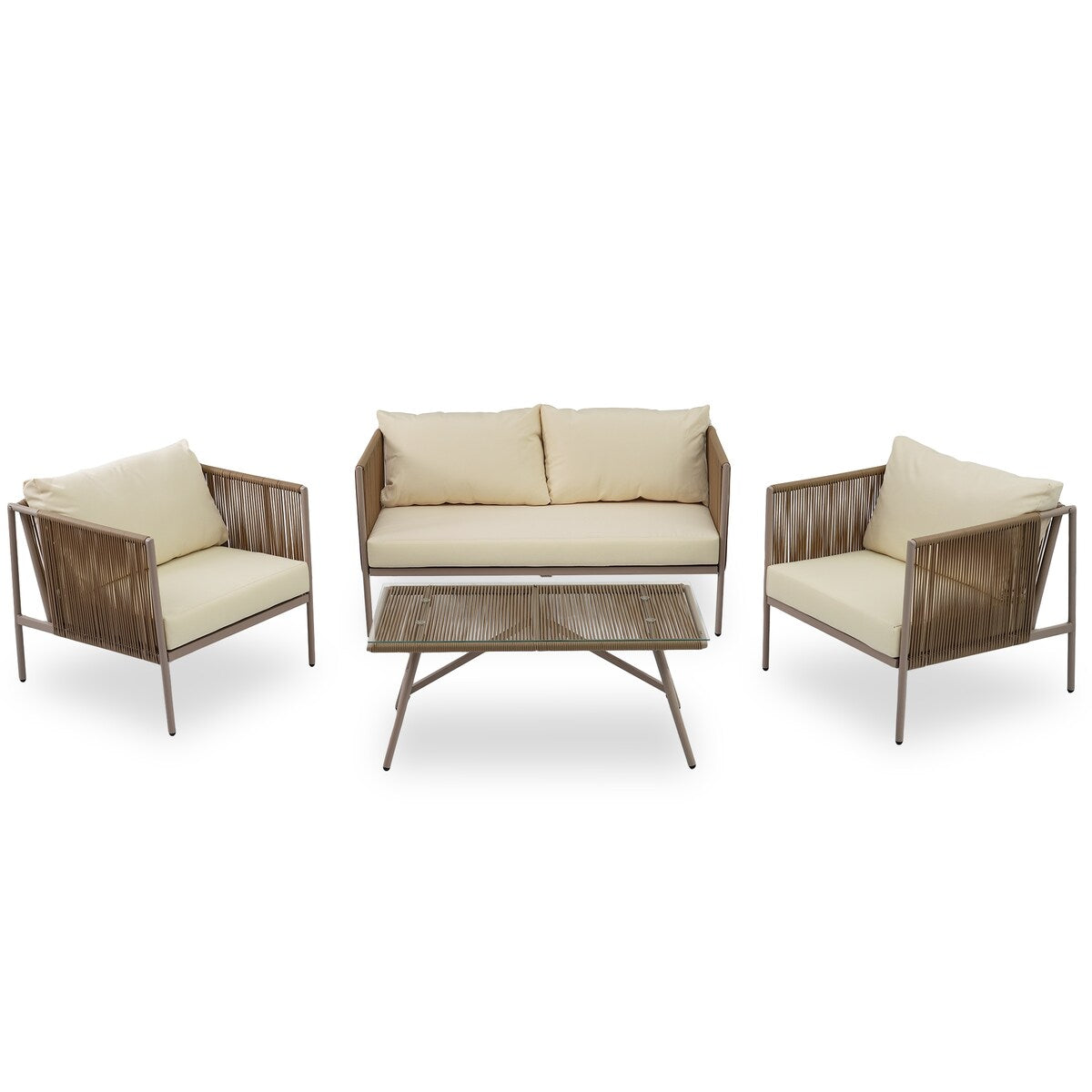 4-Piece Rope Sofa Set with Thick Cushions and Toughened Glass Table, All-Weather Patio Furniture Set with Loveseat, Beige