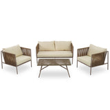 4-Piece Rope Sofa Set with Thick Cushions and Toughened Glass Table, All-Weather Patio Furniture Set with Loveseat, Beige