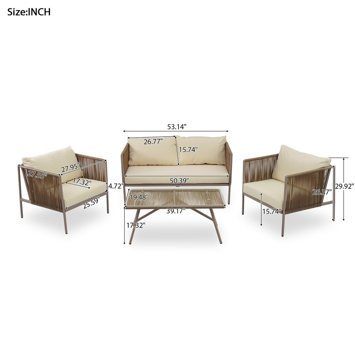 4-Piece Rope Sofa Set with Thick Cushions and Toughened Glass Table, All-Weather Patio Furniture Set with Loveseat, Beige