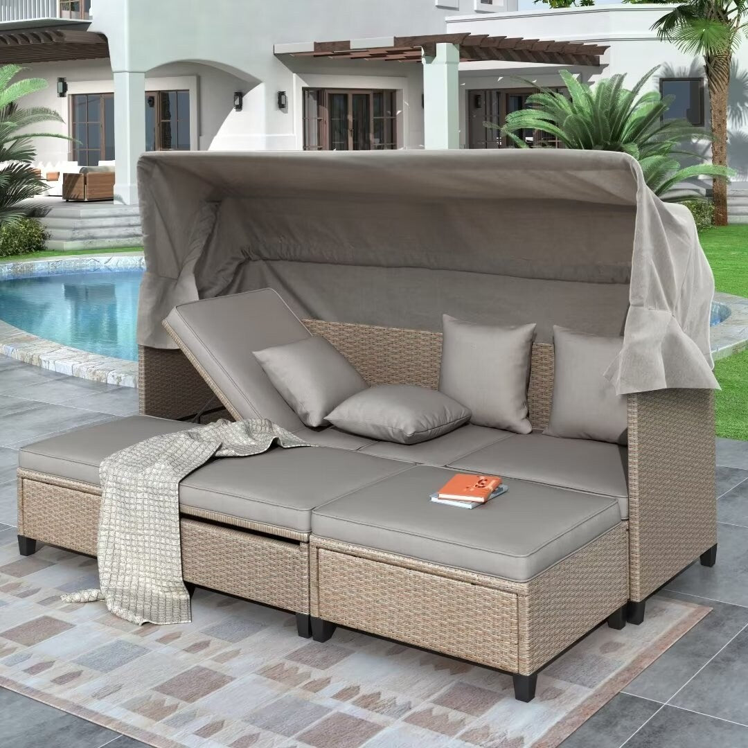 4 Piece UV-Resistant Resin Wicker Patio Sofa Set Retractable Canopy, Cushions Lifting Table