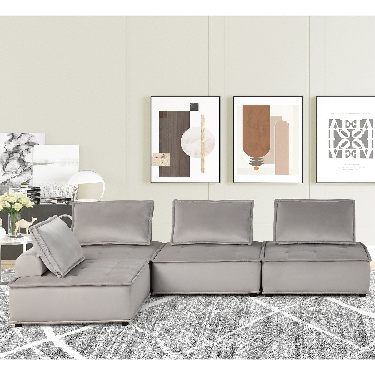 4 Piece Velvet Modular Sectional Sofa with Tufted Seat Design