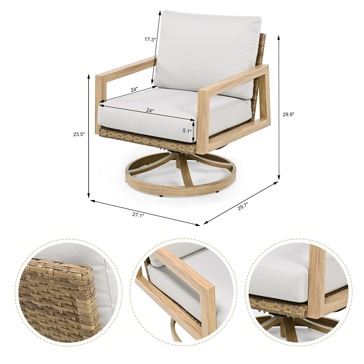 4-Piece Wood-grain Aluminum Patio Conversation Set with Swivel Chairs, Rattan Chair Back and Cushions