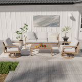 4-Piece Wood-grain Aluminum Patio Conversation Set with Swivel Chairs, Rattan Chair Back and Cushions