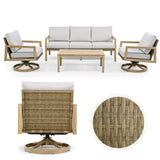 4-Piece Wood-grain Aluminum Patio Conversation Set with Swivel Chairs, Rattan Chair Back and Cushions