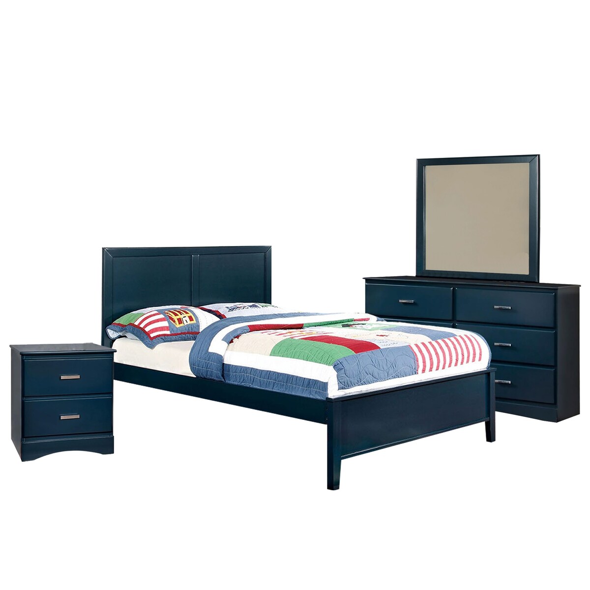 4 Piece Wooden Full Bedroom Set in Blue