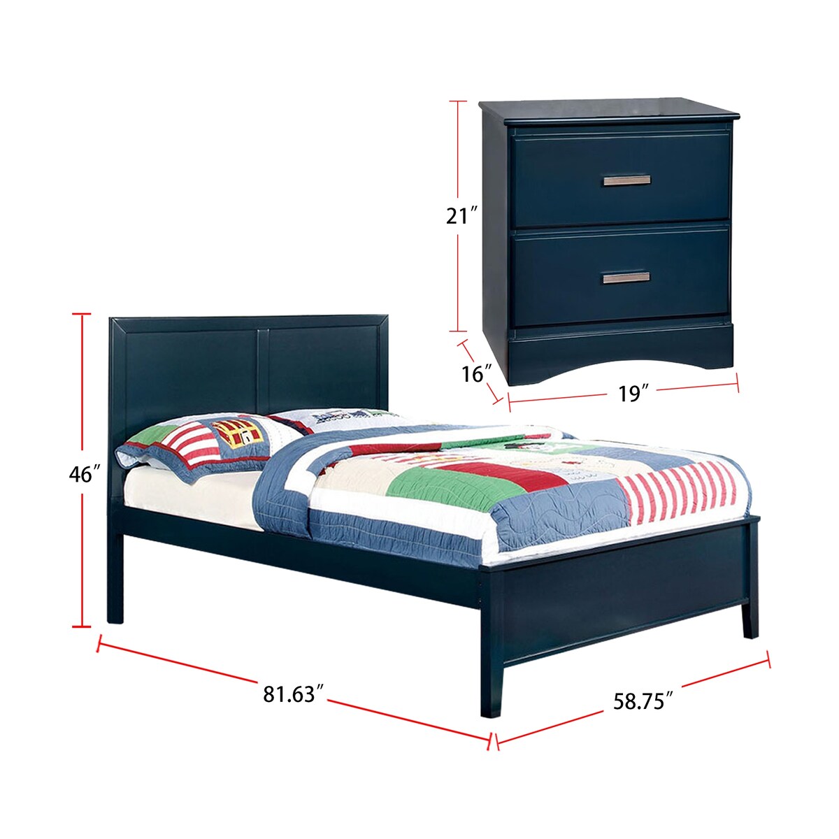 4 Piece Wooden Full Bedroom Set in Blue