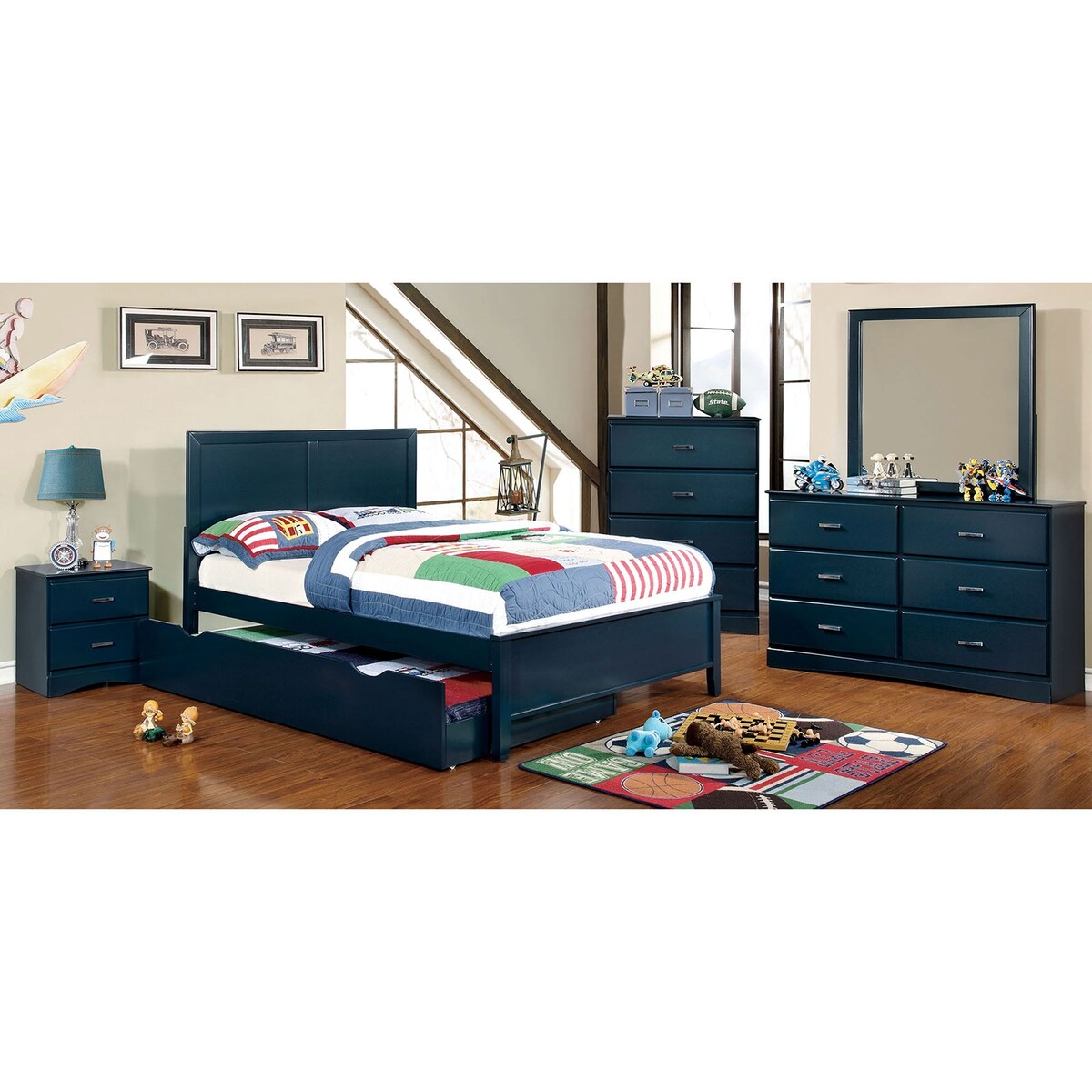 4 Piece Wooden Full Bedroom Set in Blue