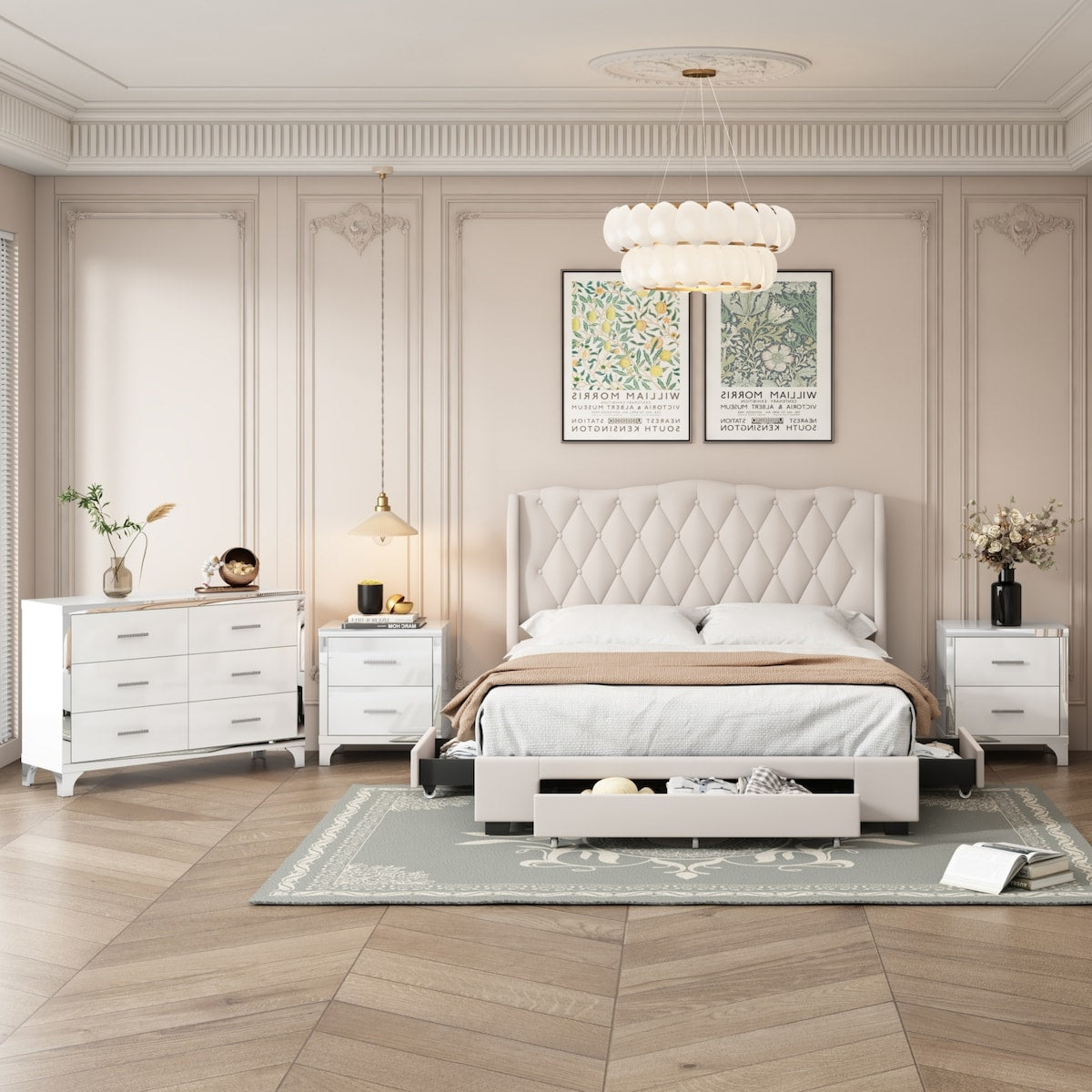 4-Pieces Bedroom Sets Queen Size Upholstered Bed with Three Drawers, High Gloss Mirrored Nightstands and Dresser
