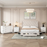 4-Pieces Bedroom Sets Queen Size Upholstered Bed with Three Drawers, High Gloss Mirrored Nightstands and Dresser