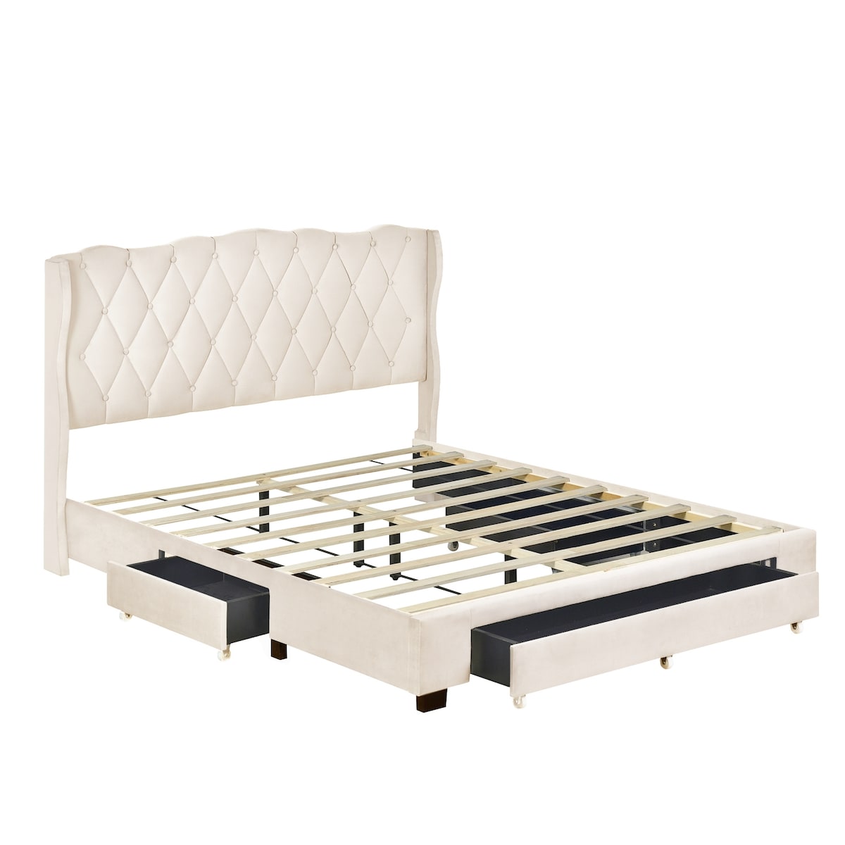 4-Pieces Bedroom Sets Queen Size Upholstered Bed with Three Drawers, High Gloss Mirrored Nightstands and Dresser