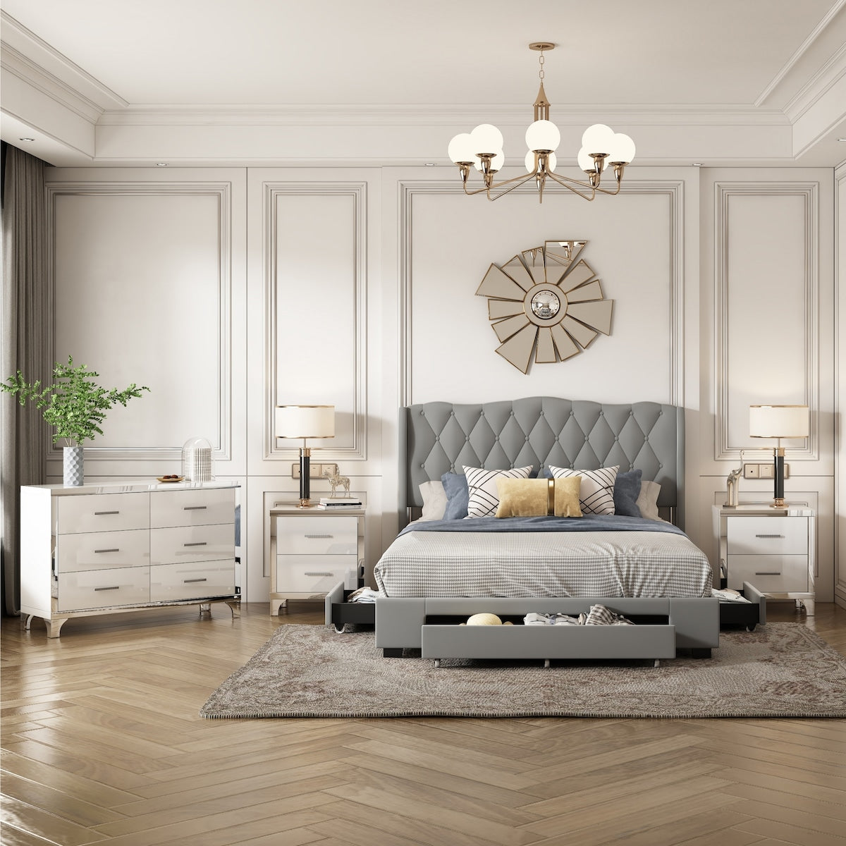 4-Pieces Bedroom Sets Queen Size Upholstered Bed with Three Drawers, High Gloss Mirrored Nightstands and Dresser