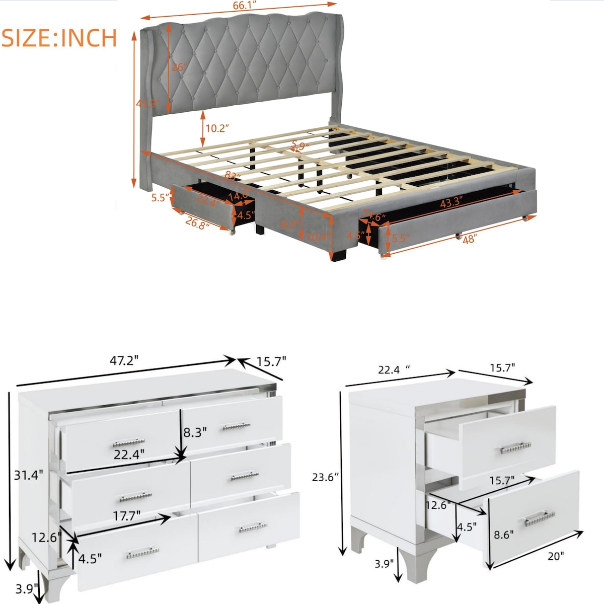 4-Pieces Bedroom Sets Queen Size Upholstered Bed with Three Drawers, High Gloss Mirrored Nightstands and Dresser