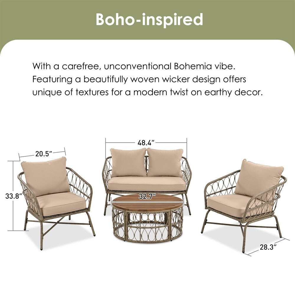 4 Pieces Outdoor Sofa Set with Removable Cushions and Wood Tabletop