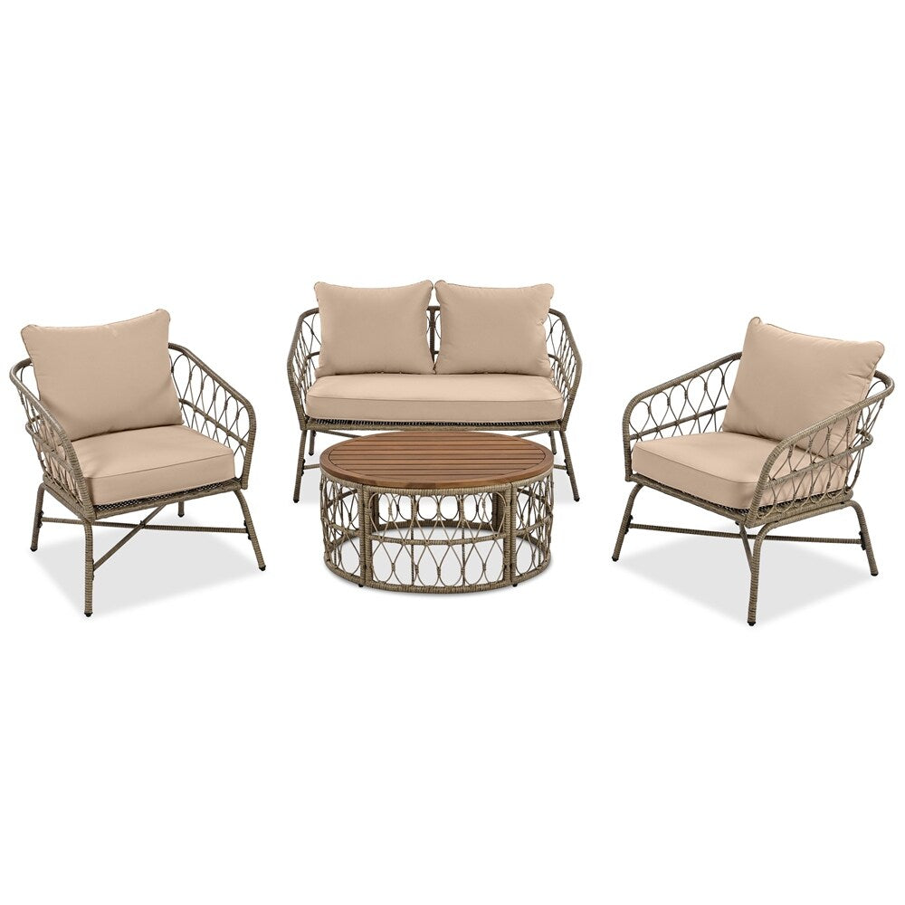 4 Pieces Outdoor Sofa Set with Removable Cushions and Wood Tabletop