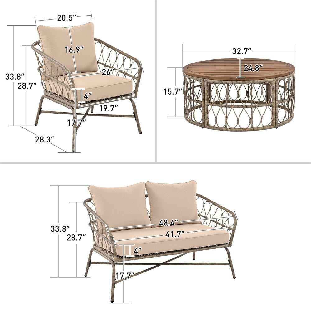 4 Pieces Outdoor Sofa Set with Removable Cushions and Wood Tabletop