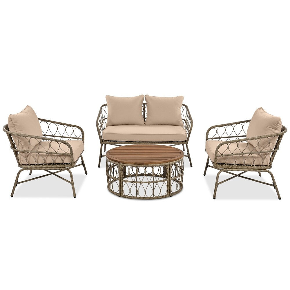 4 Pieces Outdoor Sofa Set with Removable Cushions and Wood Tabletop