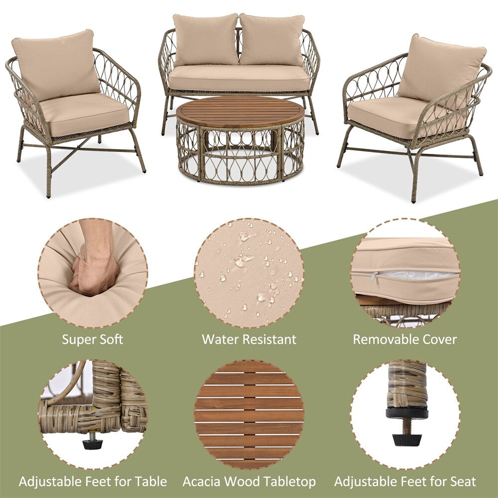 4 Pieces Outdoor Sofa Set with Removable Cushions and Wood Tabletop