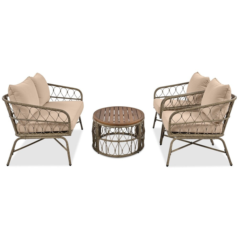 4 Pieces Outdoor Sofa Set with Removable Cushions and Wood Tabletop