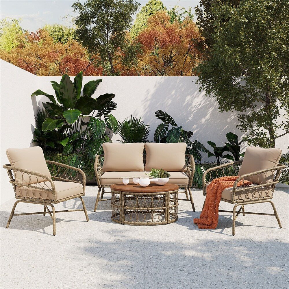 4 Pieces Outdoor Sofa Set with Removable Cushions and Wood Tabletop
