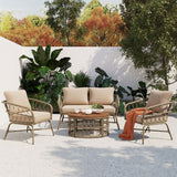 4 Pieces Outdoor Sofa Set with Removable Cushions and Wood Tabletop