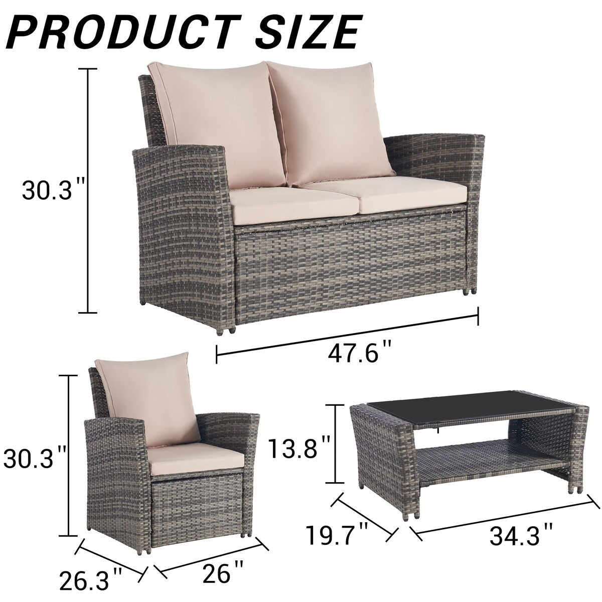 4 Pieces Patio Furniture Sets Rattan Chair Wicker Set, Poolside Lawn Chairs with Tempered Glass Coffee Table Porch Furniture