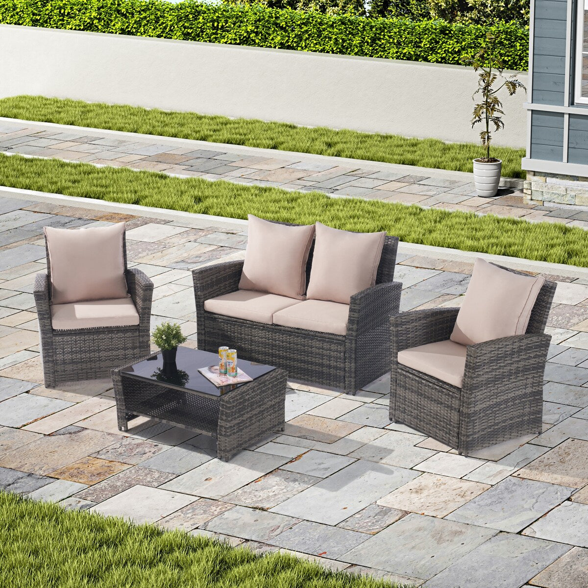 4 Pieces Patio Furniture Sets Rattan Chair Wicker Set, Poolside Lawn Chairs with Tempered Glass Coffee Table Porch Furniture