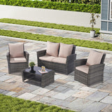 4 Pieces Patio Furniture Sets Rattan Chair Wicker Set, Poolside Lawn Chairs with Tempered Glass Coffee Table Porch Furniture
