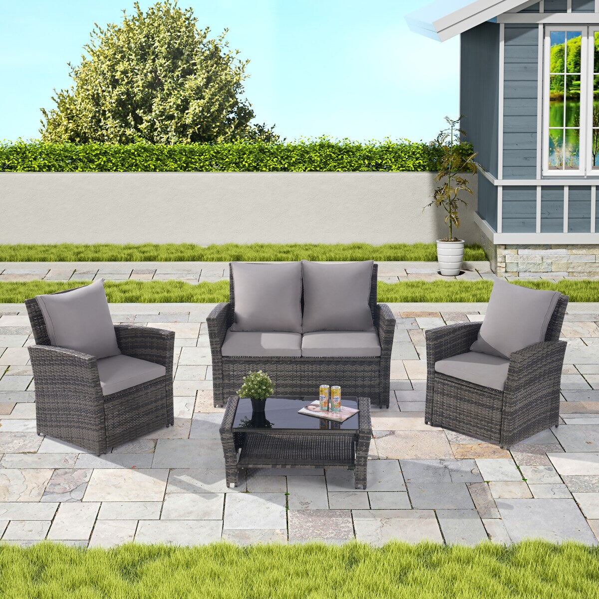 4 Pieces Patio Furniture Sets Rattan Chair Wicker Set, Poolside Lawn Chairs with Tempered Glass Coffee Table Porch Furniture