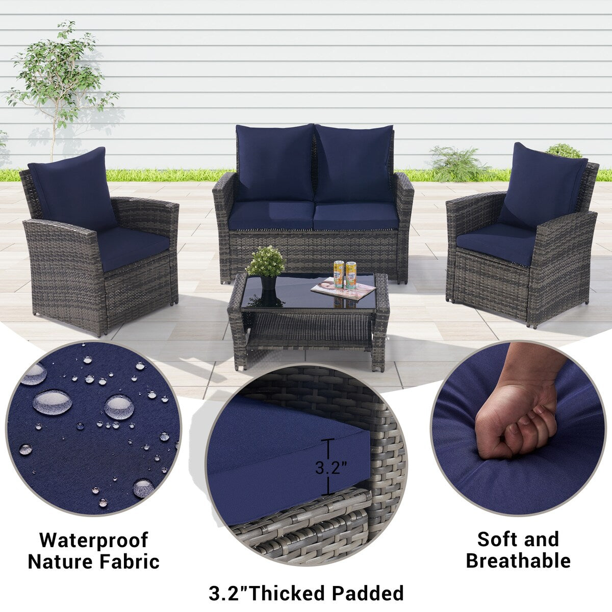 4 Pieces Patio Furniture Sets Rattan Chair Wicker Set, Poolside Lawn Chairs with Tempered Glass Coffee Table Porch Furniture