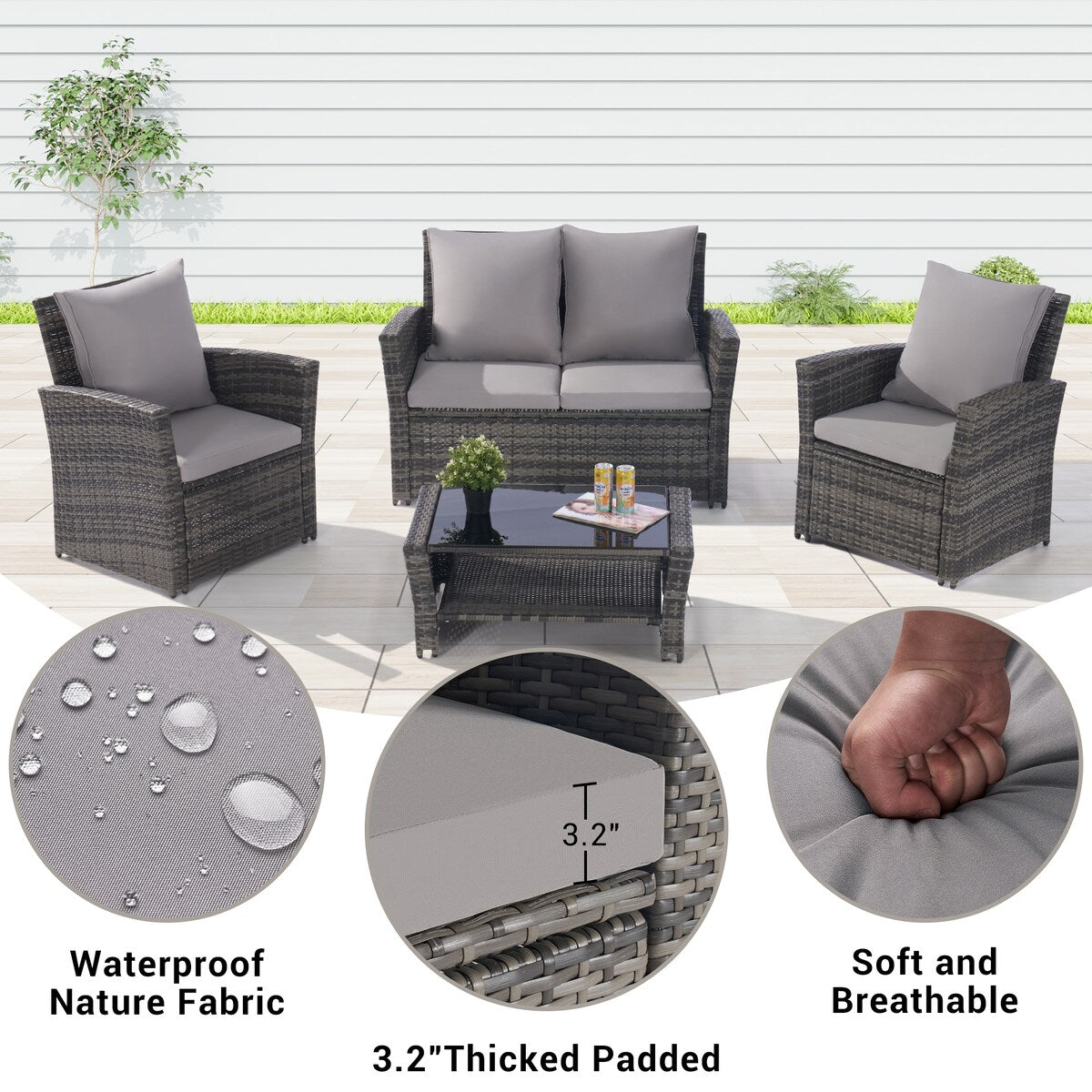 4 Pieces Patio Furniture Sets Rattan Chair Wicker Set, Poolside Lawn Chairs with Tempered Glass Coffee Table Porch Furniture