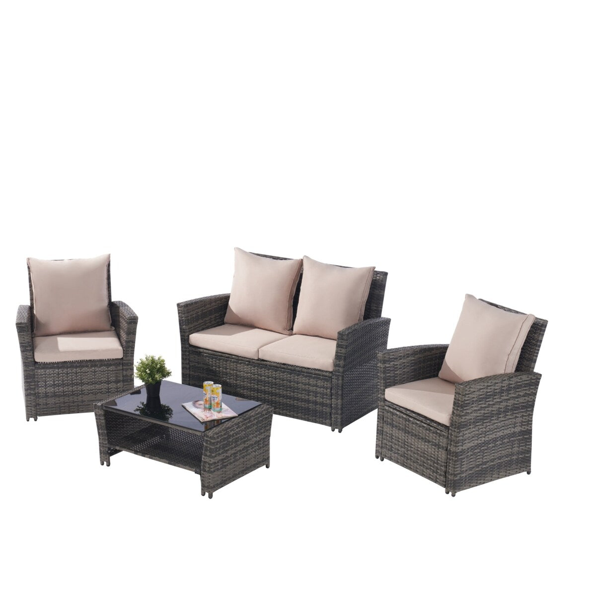 4 Pieces Patio Furniture Sets Rattan Chair Wicker Set, Poolside Lawn Chairs with Tempered Glass Coffee Table Porch Furniture